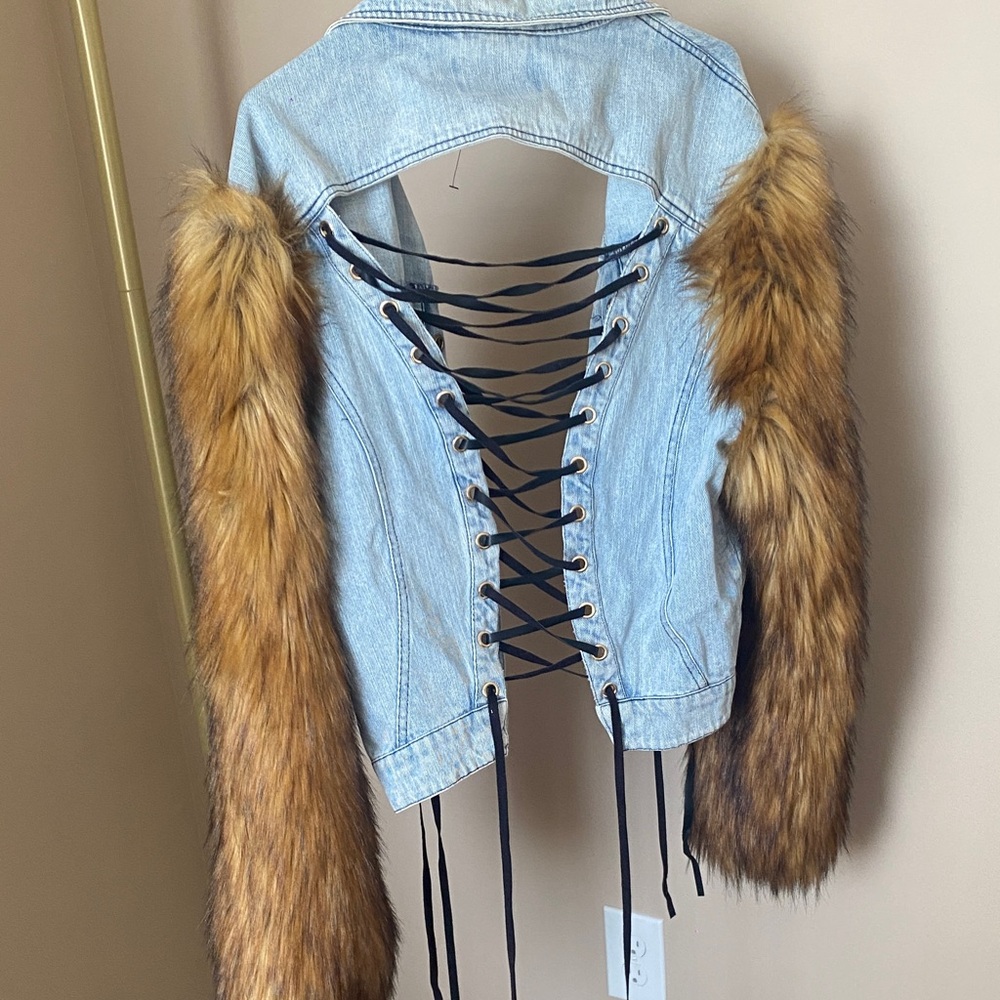 Denim Jacket with Faux Fur Sleeves